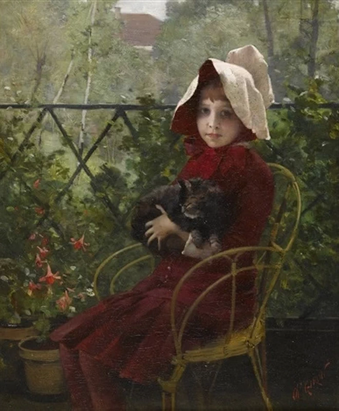 Charles Giron - Ragazza in rosso con un gatto